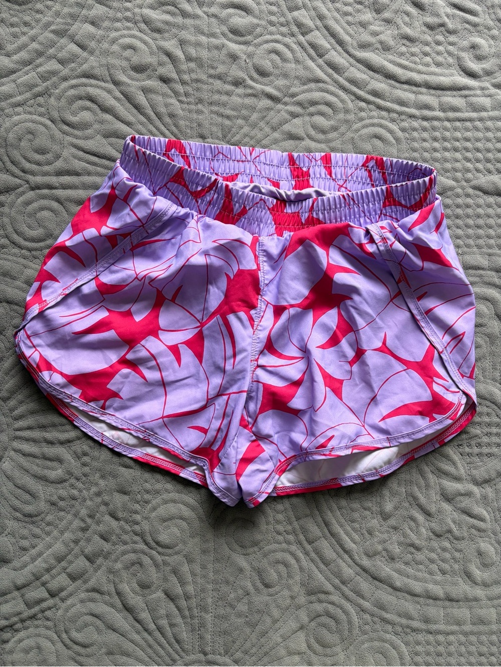 All in Motion Girls Running Shorts L 10/12 Purple Pink Floral Lined Athletic